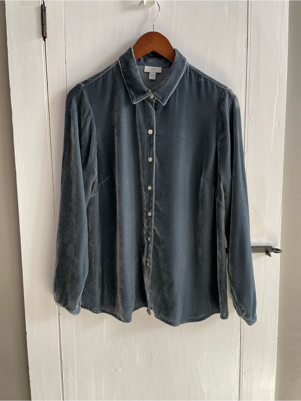 J Jill Silk Velvet Shell Button Up Long Sleeve Blouse Slate Blue SP